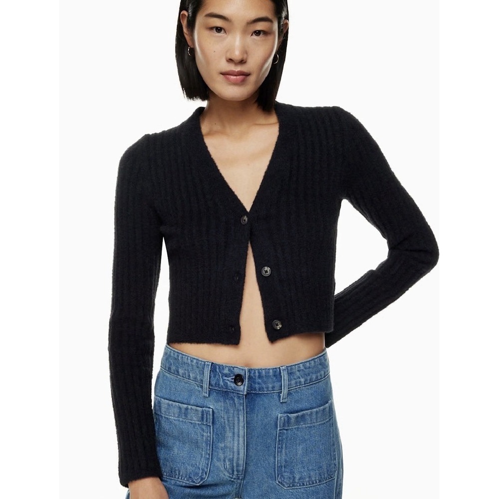 Aritzia Wilfred Free Hush Knit Cardigan Black Wide Rib Plush Soft Sweater XS